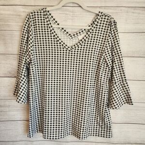 J Jill M tunic Y2K gingham romantic plaid black white bell 3/4 sleeve